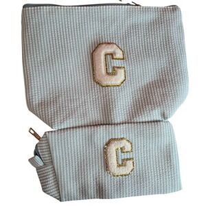 YOOLIFE Seersucker Cosmetic Bag Pouch Set NEW Light Blue White C Letter Accent